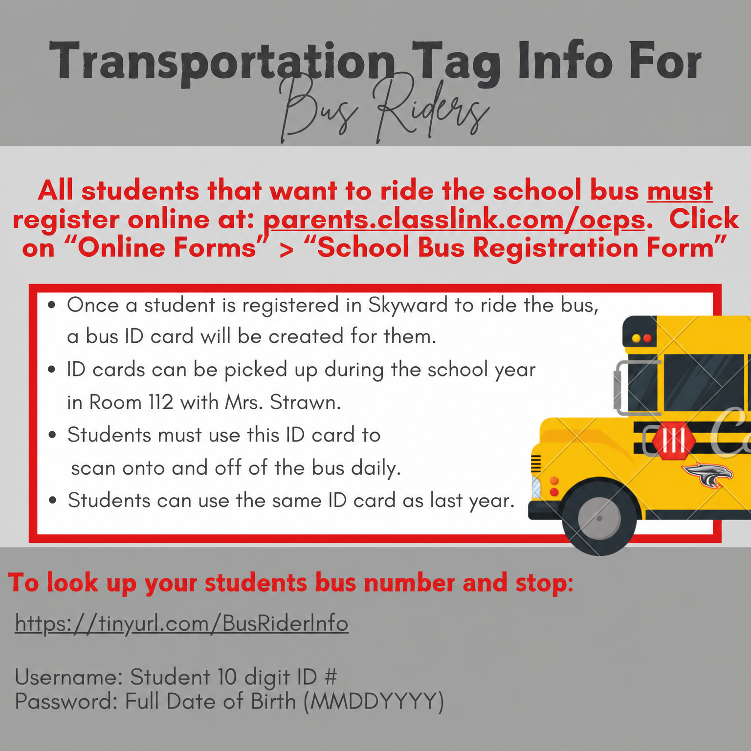 Information for school bus riders, including online registration details and ID card pickup.