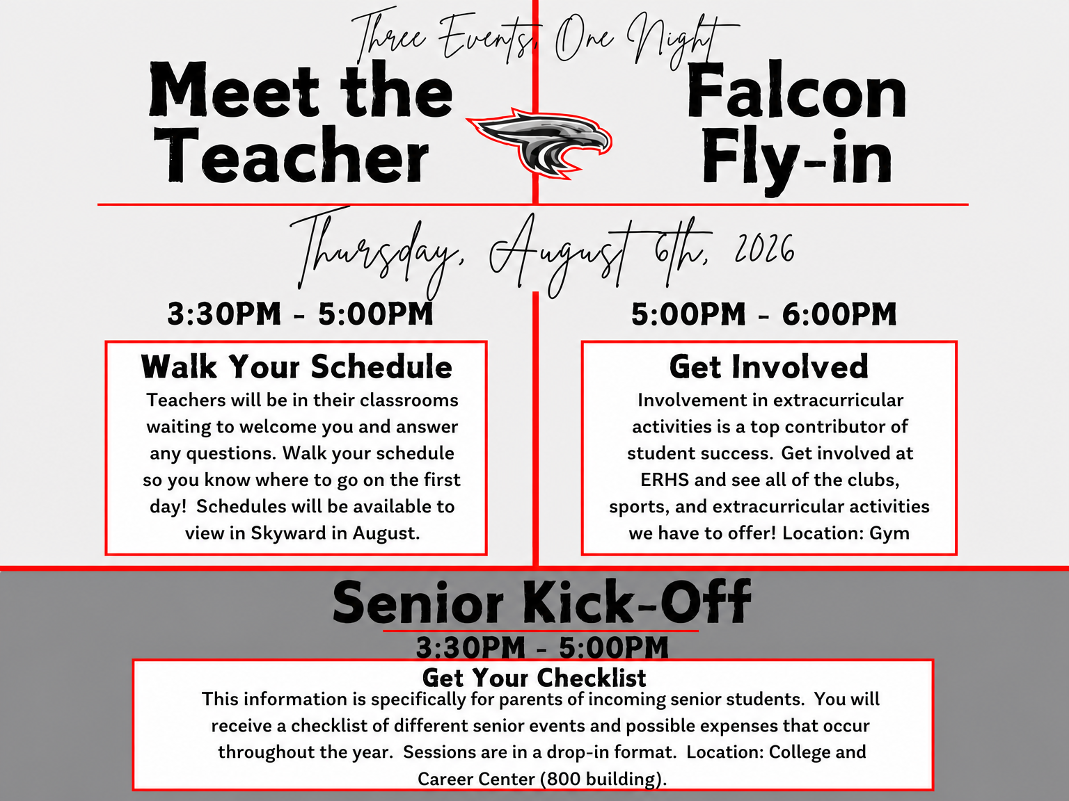 Event flyer for 'Meet the Teacher' and 'Falcon Fly-in' on Thursday, August 6th, 2026.