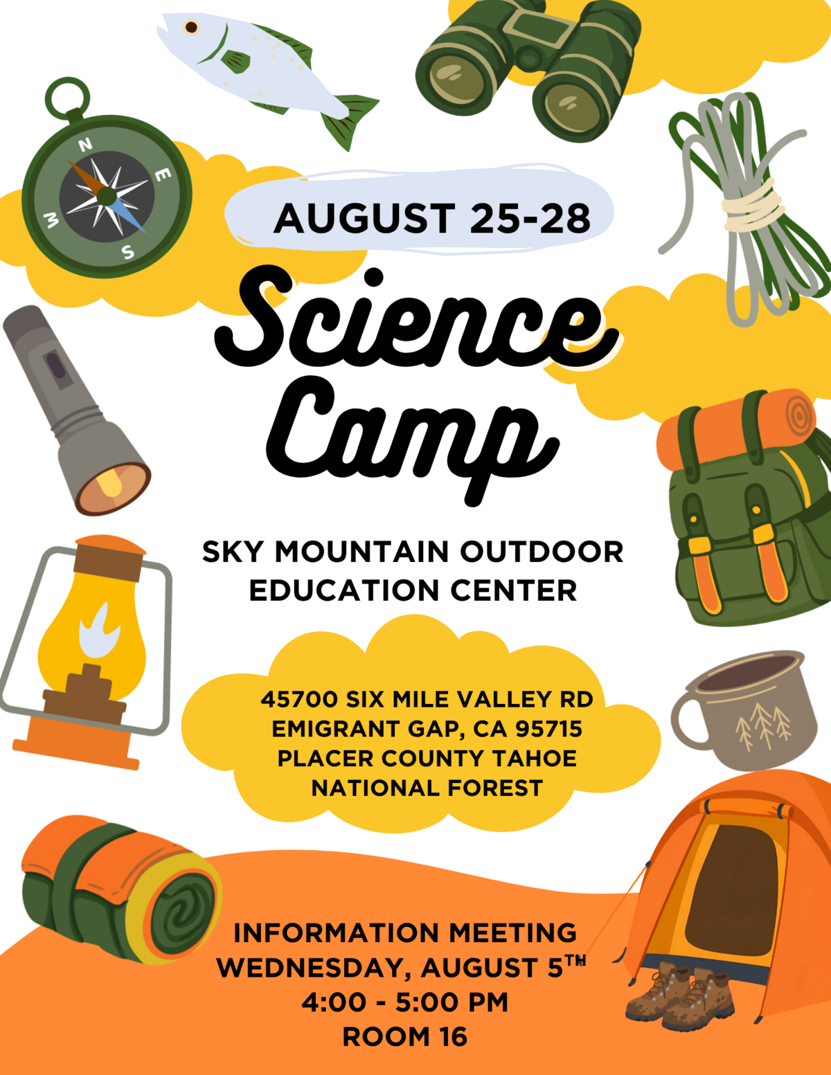 Poster for "Science Camp" from August 25-28 at Sky Mountain Outdoor Education Center, featuring camping gear and nature illustrations.