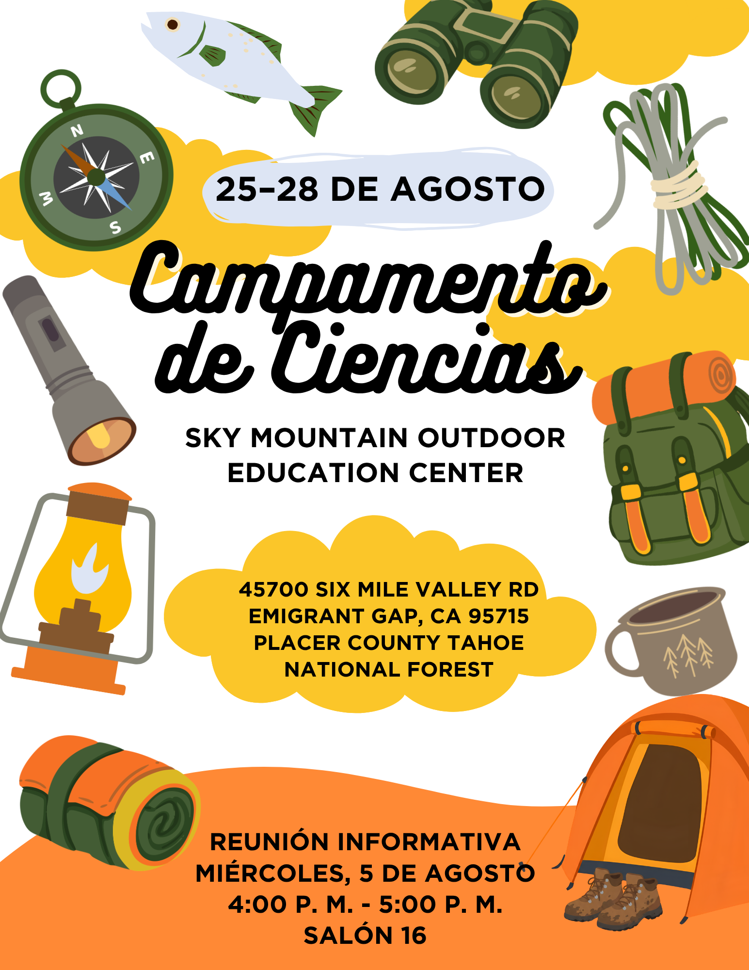 Poster for 'Campamento de Ciencias' (Science Camp) from August 25-28 at Sky Mountain Outdoor Education Center.