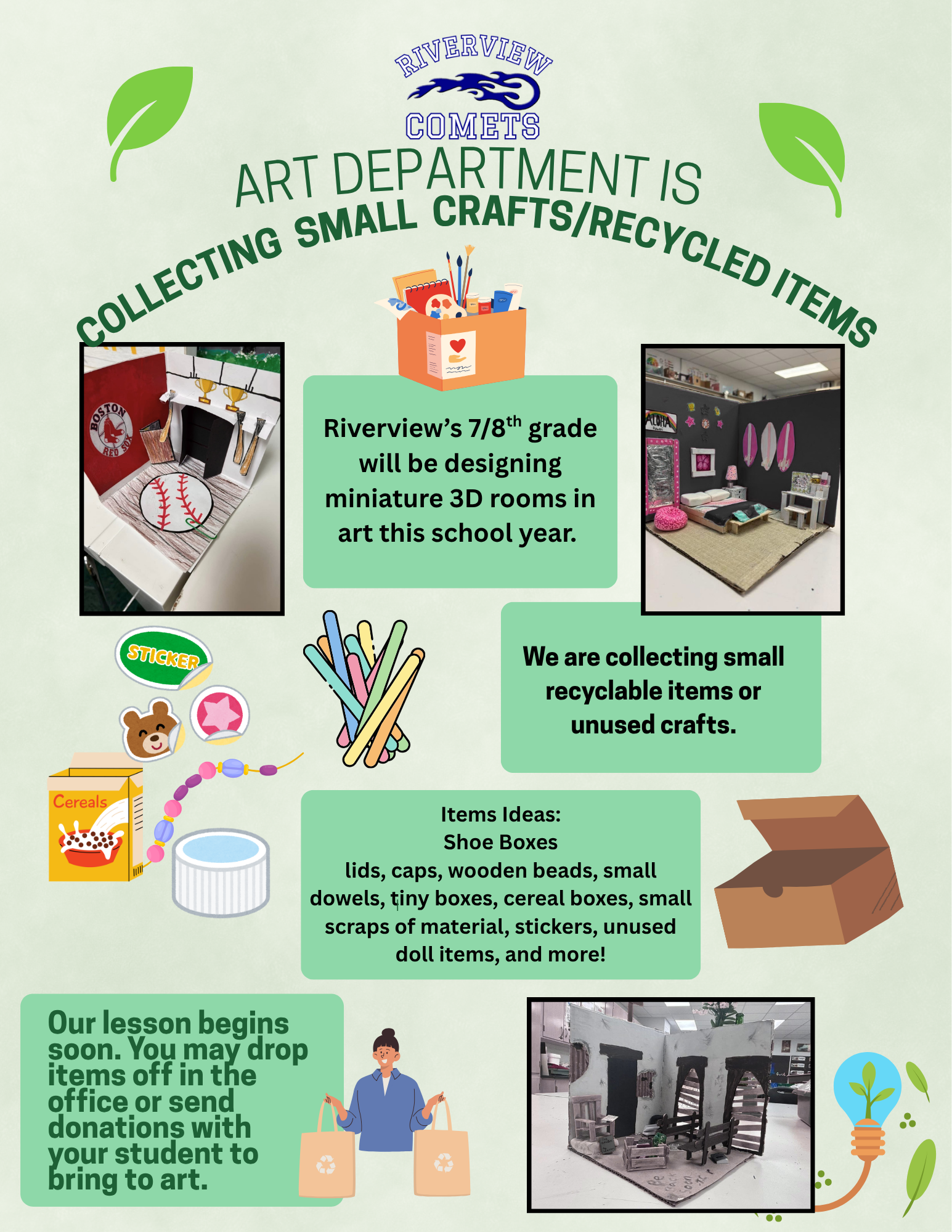 A flyer for Riverview Comets Art Department requesting donations of small crafts and recyclable items.