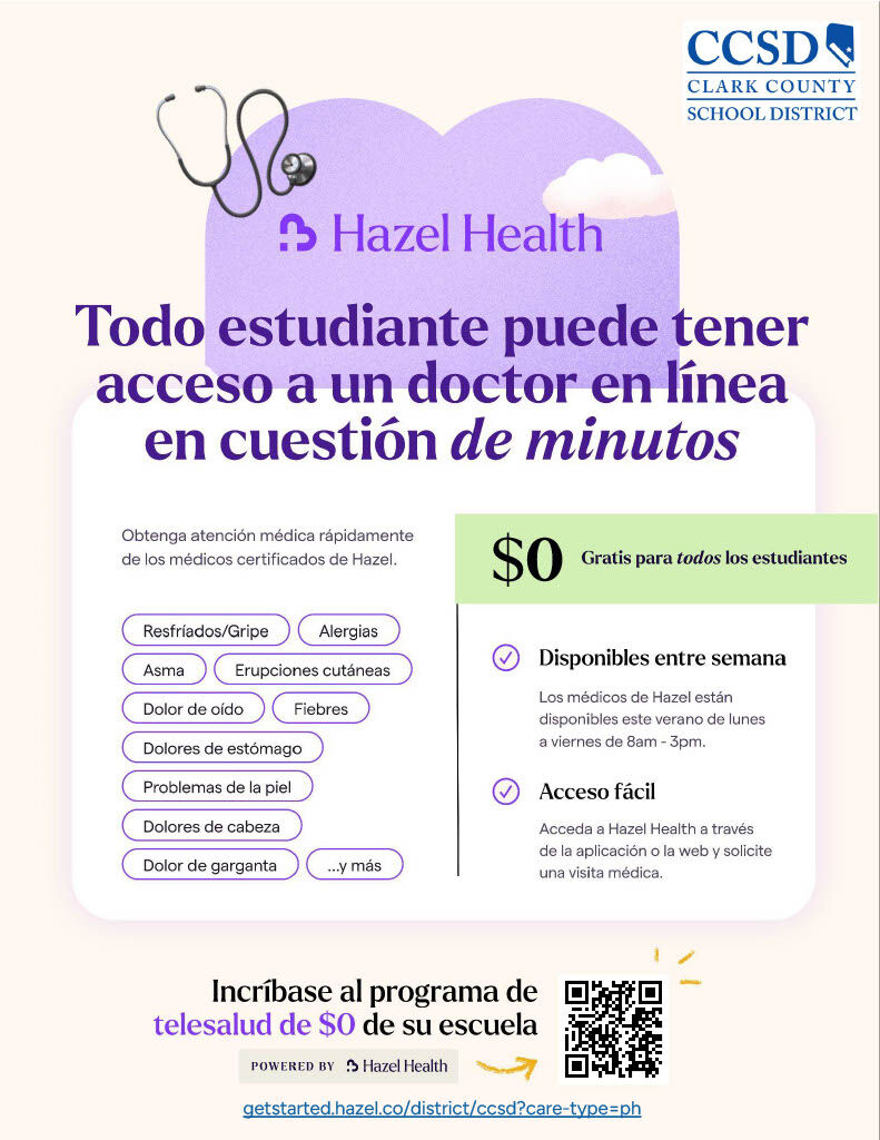 CCSD Clark County School District promotes Hazel Health for students, offering online doctor access.