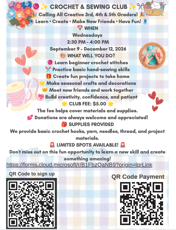 Crochet & Sewing Club on Wednesdays beginning 9/9