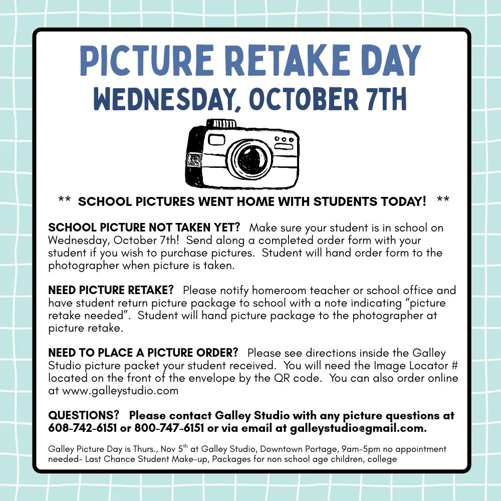 School Pictures are Here!  Picture Retake Day - October 7th