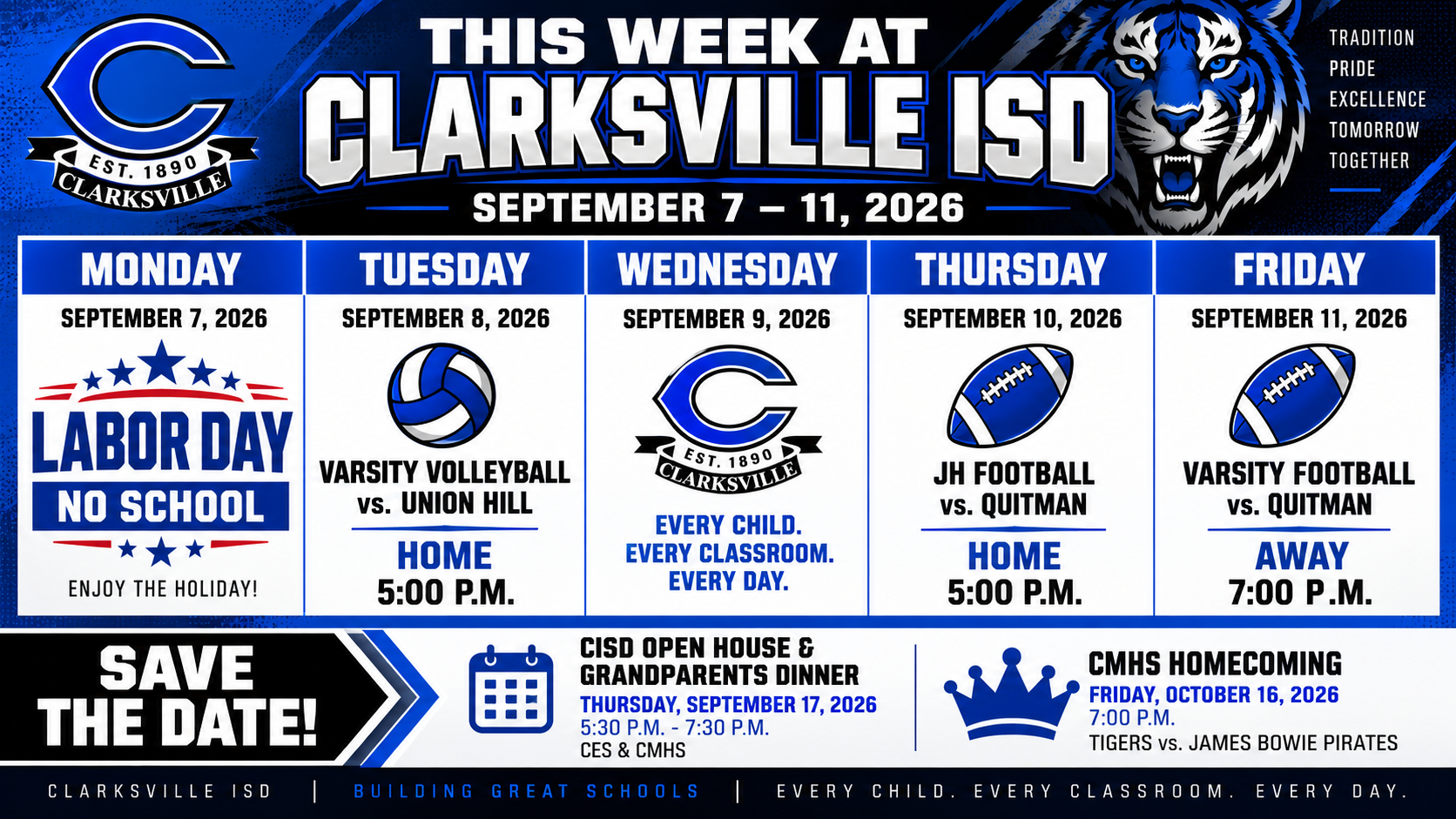 CISD Weekly Calendar, September 7 - September 11, 2026