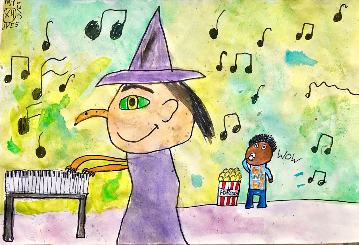 A whimsical watercolor painting shows a witch playing a keyboard with musical notes floating around.