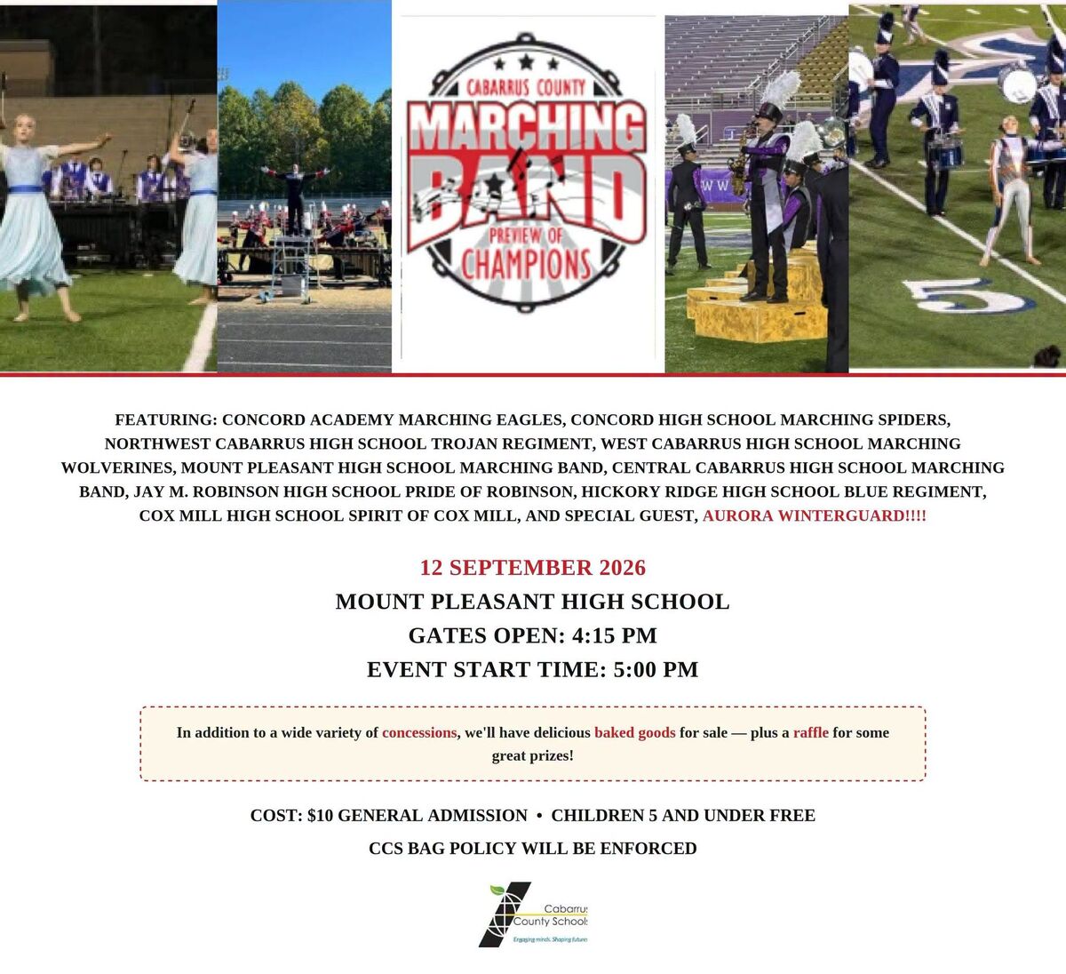 A promotional flyer for the Cabarrus County Marching Band Preview of Champions event featuring high school bands.