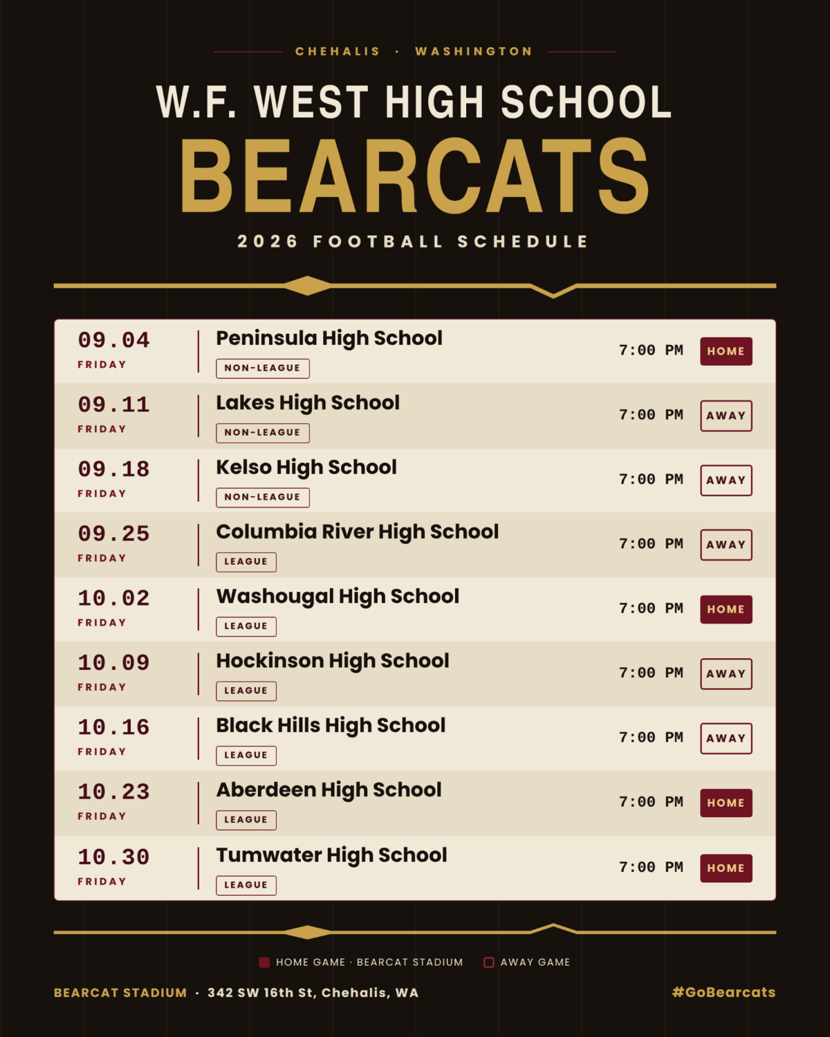 W.F. West High School Bearcats 2026 Football Schedule displayed with dates, opponents, and game locations.