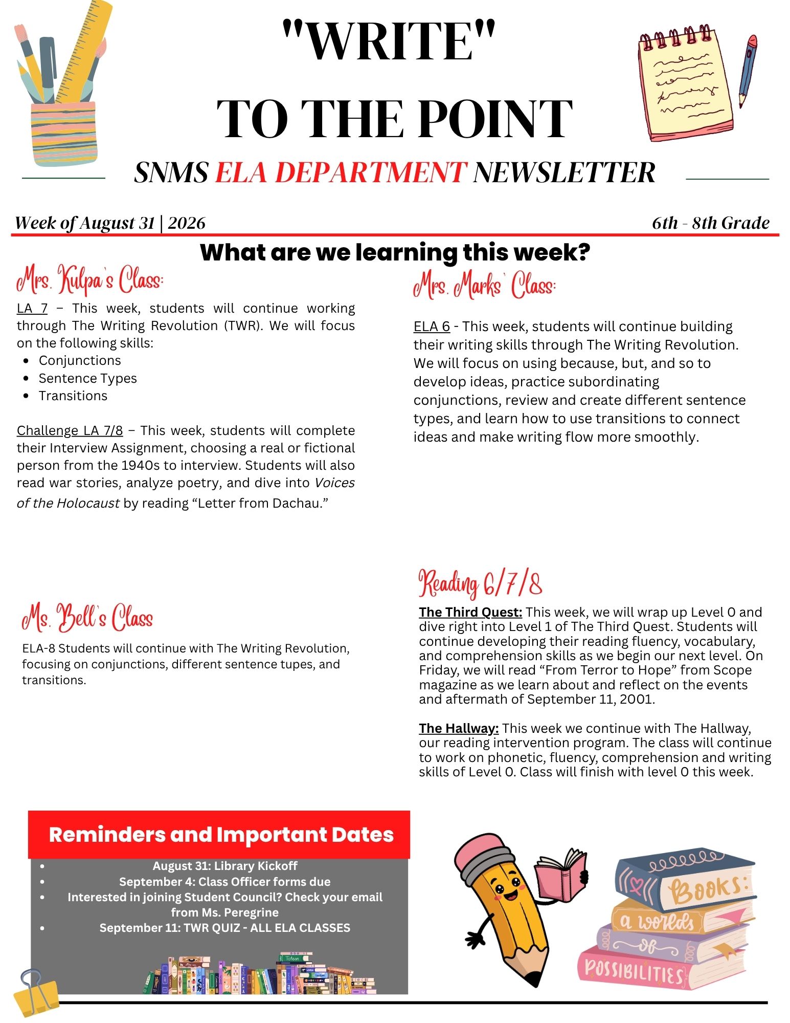 SNMS ELA Newsletter - Week of August 31, 2026