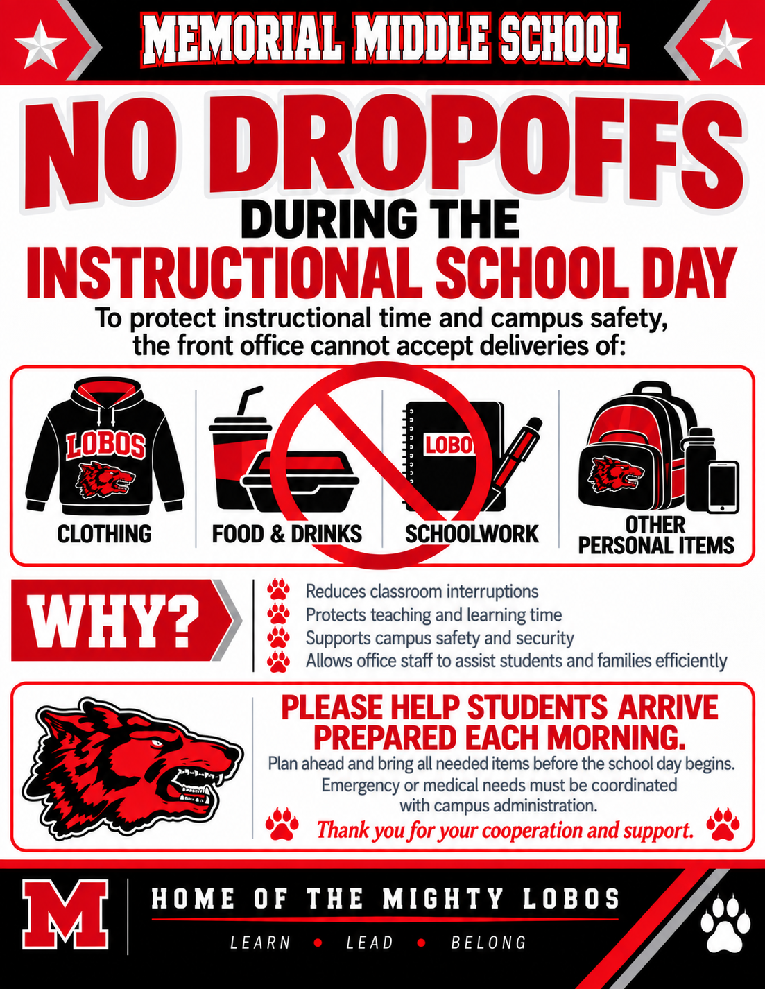 Reminder: No Drop-Offs During the Instructional School Day