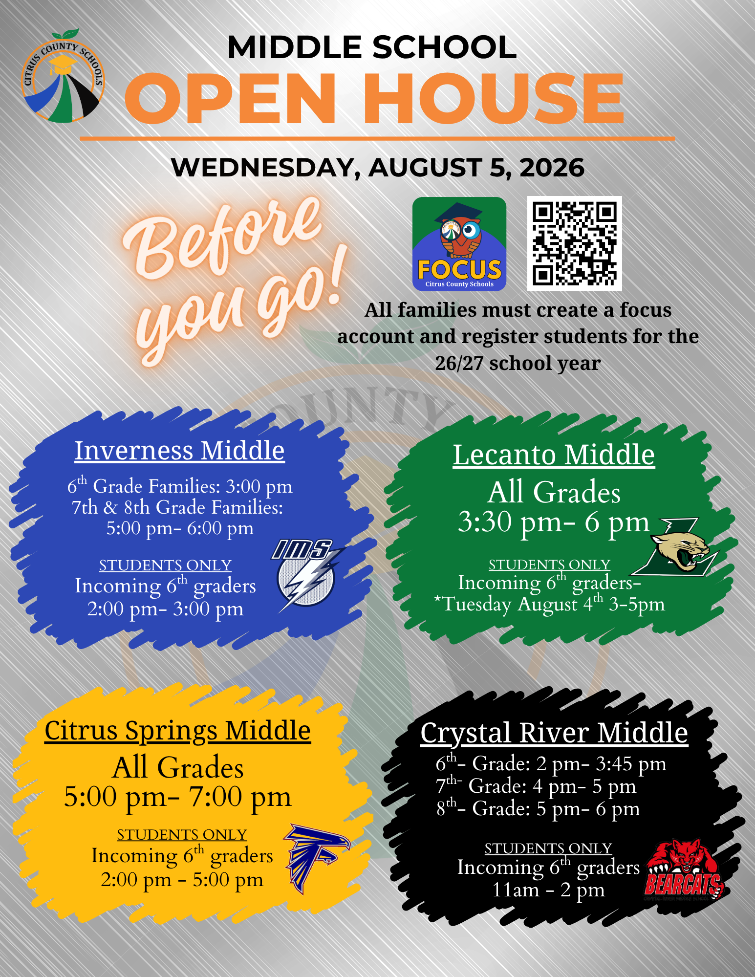 Citrus County Schools Middle School Open House on Wednesday, August 5, 2026, with details for Inverness, Lecanto, Citrus Springs, and Crystal River Middle Schools.
