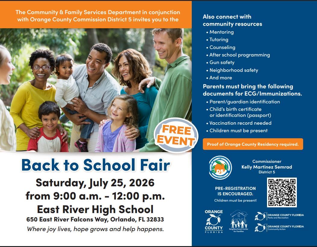 A diverse group of smiling people, including adults and children, are featured in a promotional image for a 'Back to School Fair'.