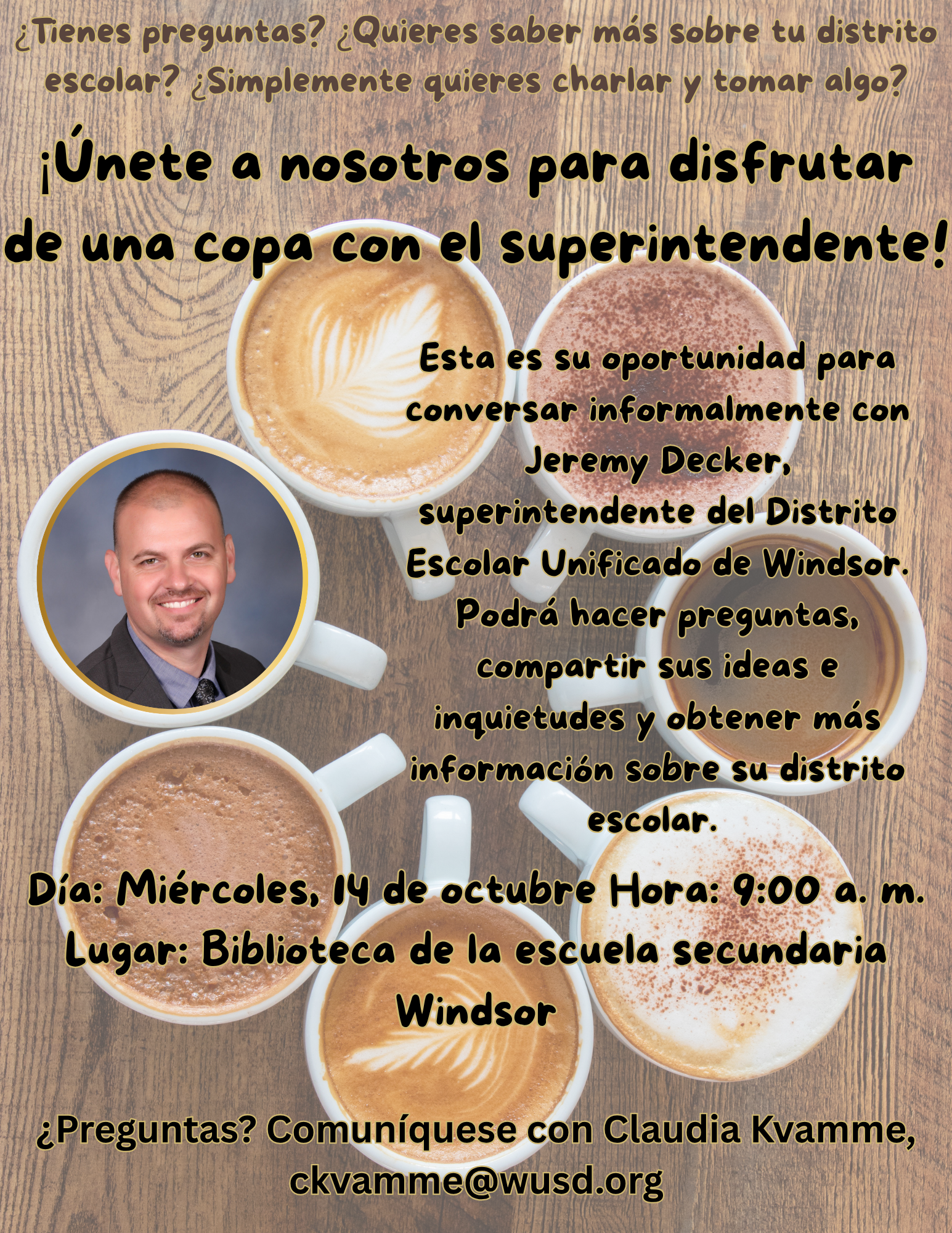 A Spanish flyer invites the community to have coffee with Windsor superintendent Jeremy Decker on October 14 at 9 a.m. in the Windsor High School Library.
