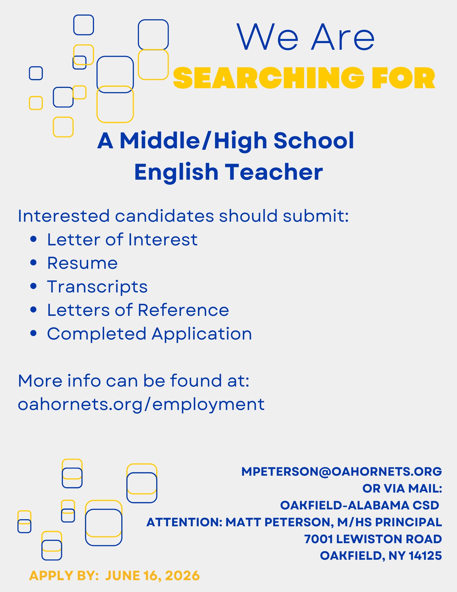 JOB POSTING - MIDDLE/HIGH SCHOOL ENGLISH TEACHER