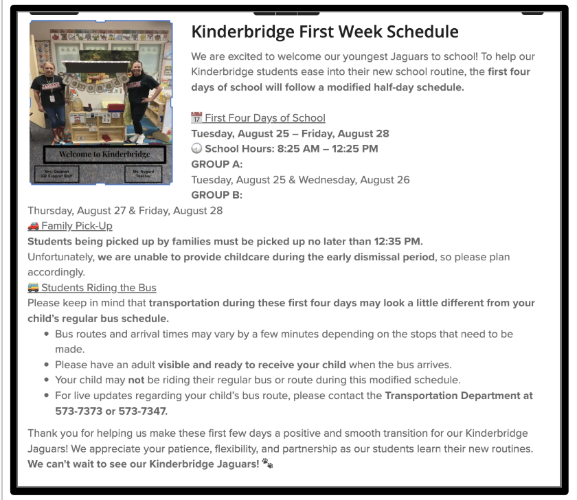 Kinderbridge 1st Week Schedule Reminder