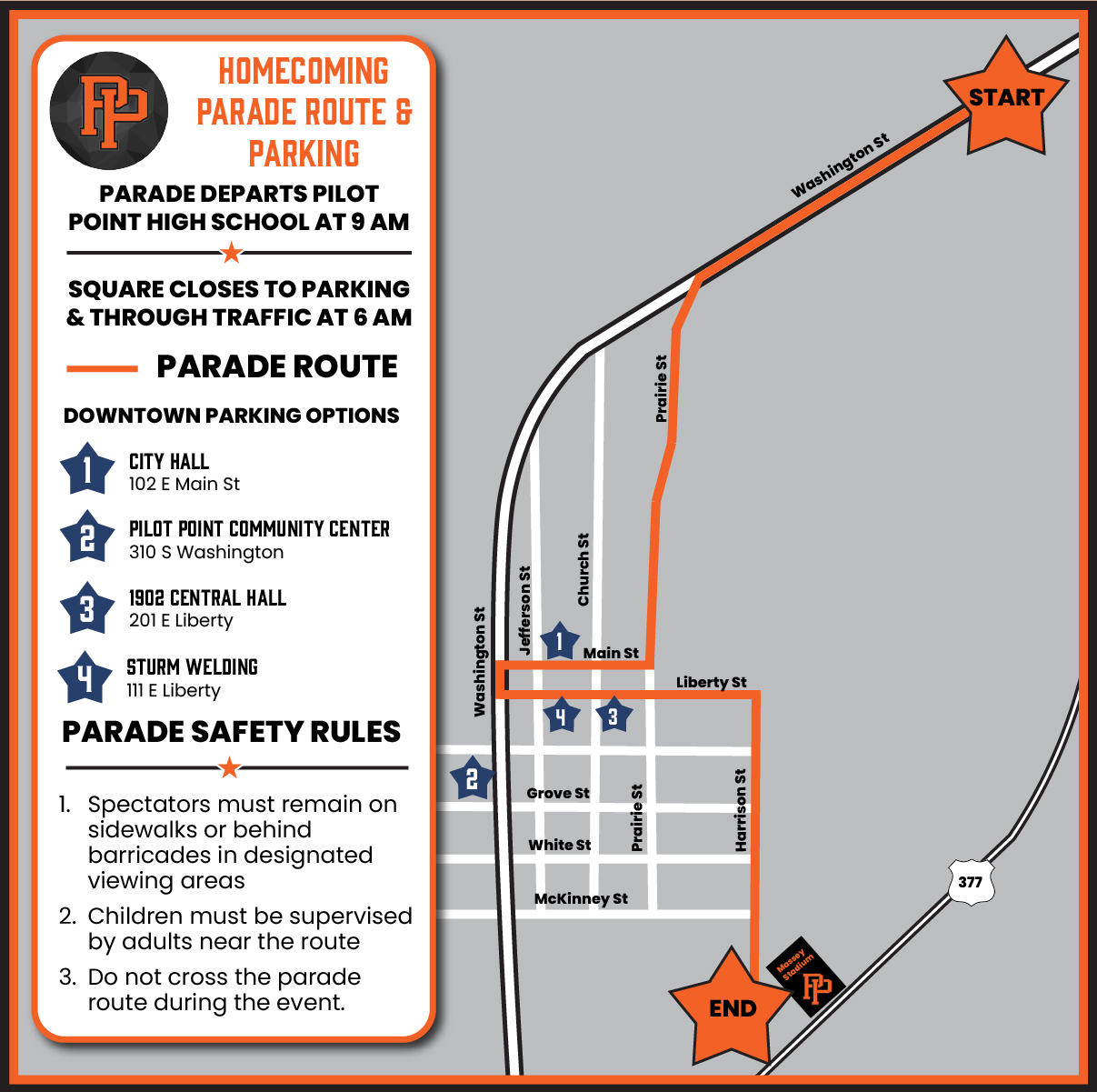 A map of the Pilot Point homecoming parade route, starting at Washington St and ending at Massey Stadium.
