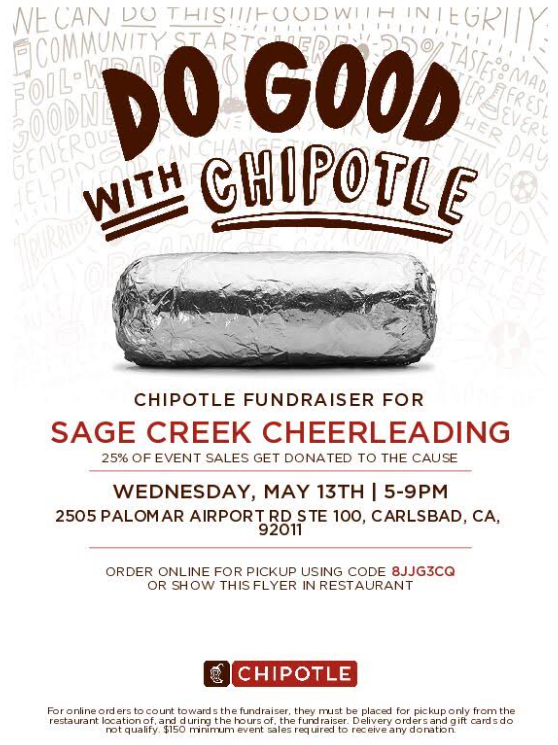Join Sage Creek Cheer at Chipotle Wed 5/13 5-9PM