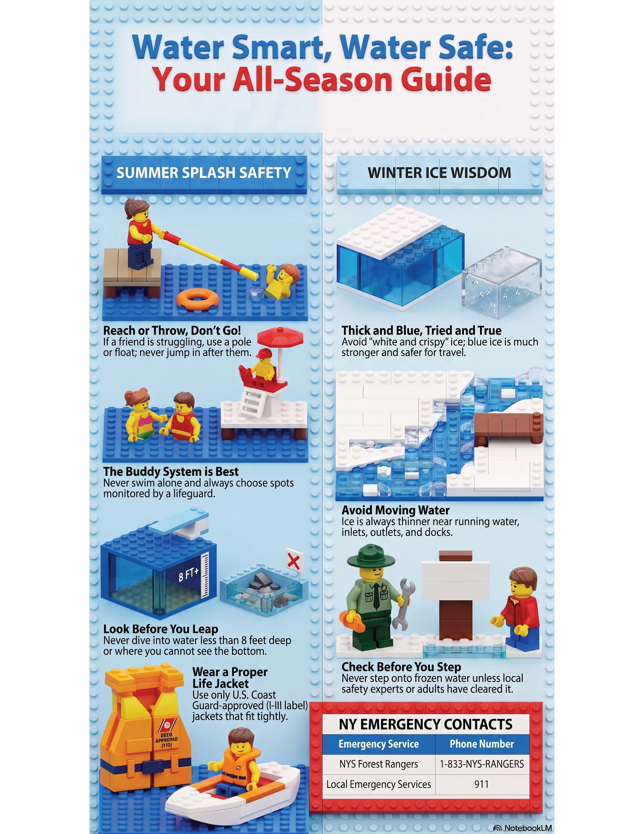 Lego figures demonstrate water safety tips, including reaching with a pole, wearing life jackets, and checking ice thickness.
