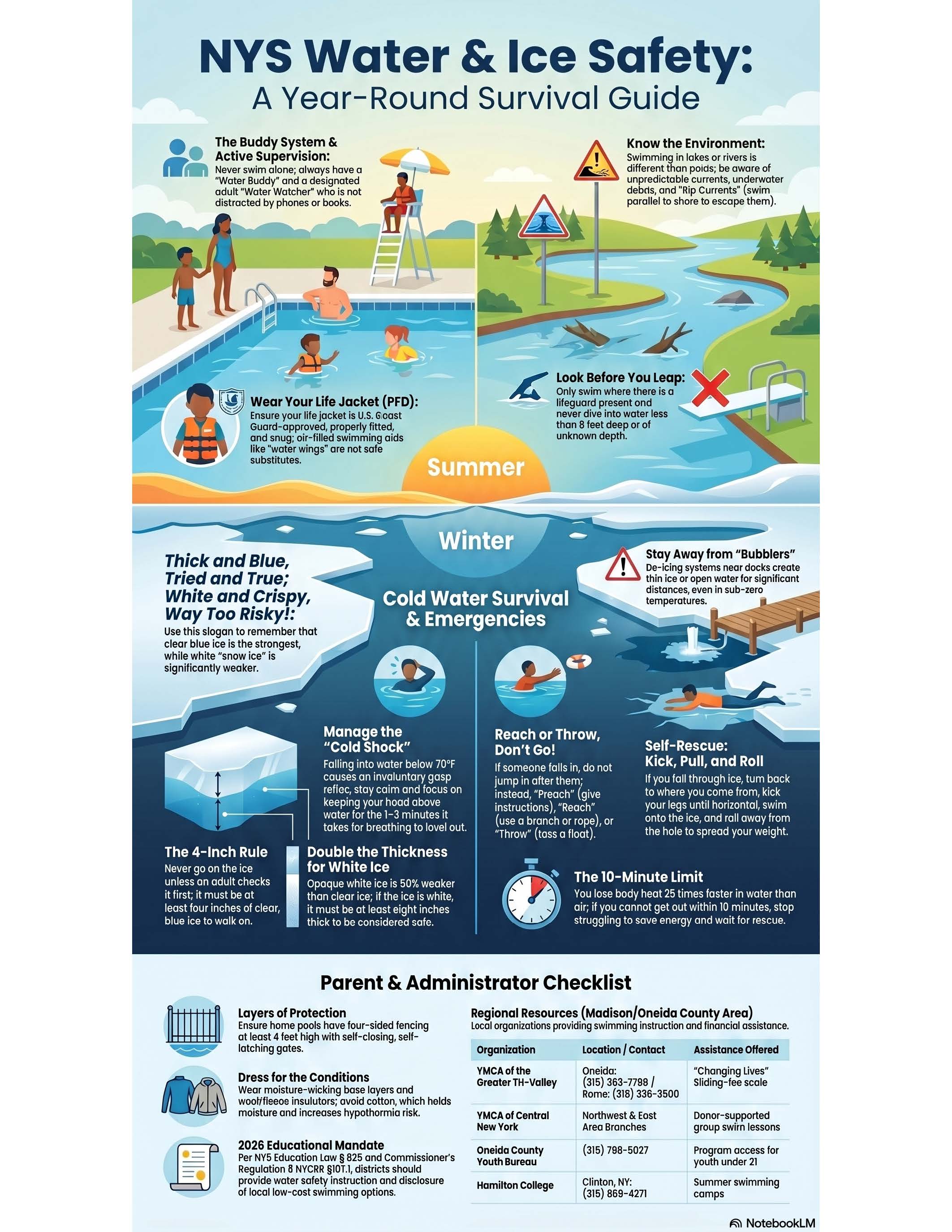 NYS Water & Ice Safety: A Year-Round Survival Guide with illustrations of summer and winter water safety tips.