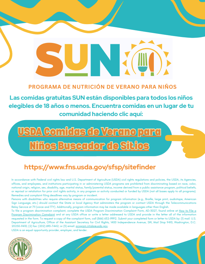 Poster for USDA Summer Food Program for children, featuring the SUN logo and a link to find meal sites.