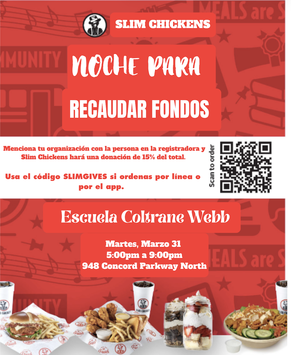 Slim Chickens flyer advertising a fundraising night for Escuela Coltrane Webb on Tuesday, March 31st from 5:00 PM to 9:00 PM.