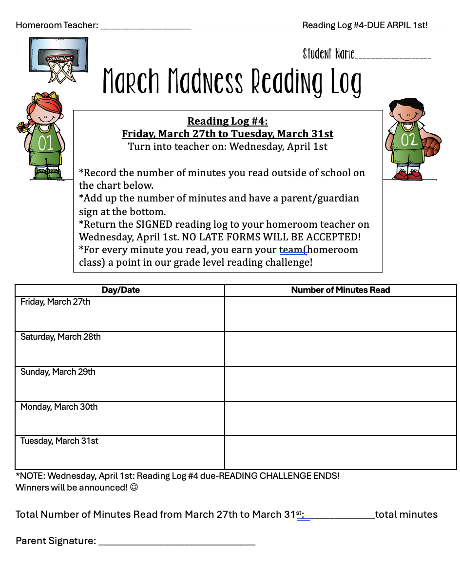 A 'March Madness Reading Log' worksheet with instructions and a table to record reading minutes.