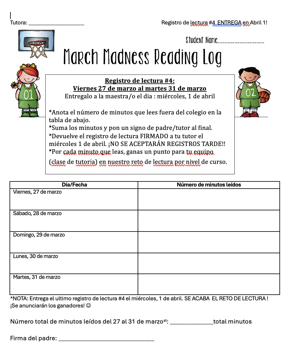A 'March Madness Reading Log' form with instructions and a table for tracking reading minutes.