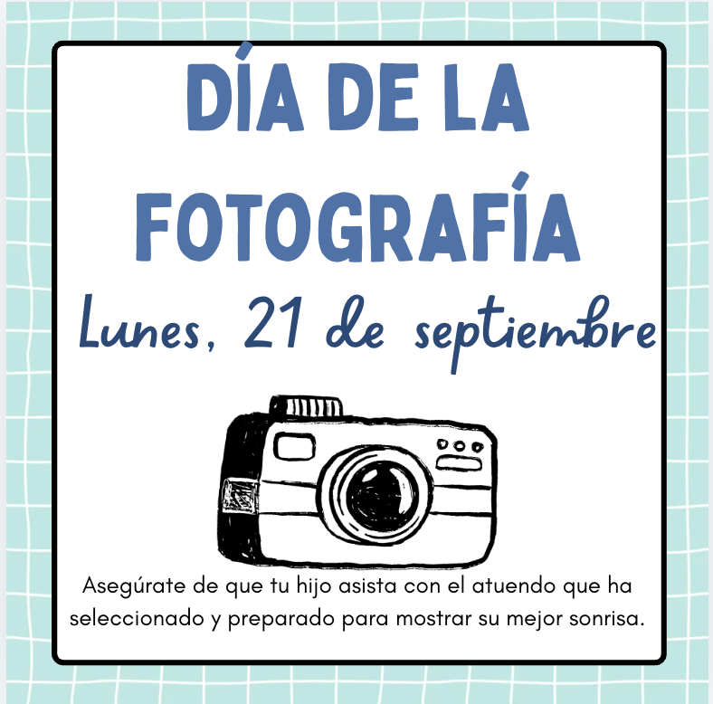 A digital flyer with a light blue grid background announces 'Día de la Fotografía' on Monday, September 21, featuring a hand-drawn camera illustration.