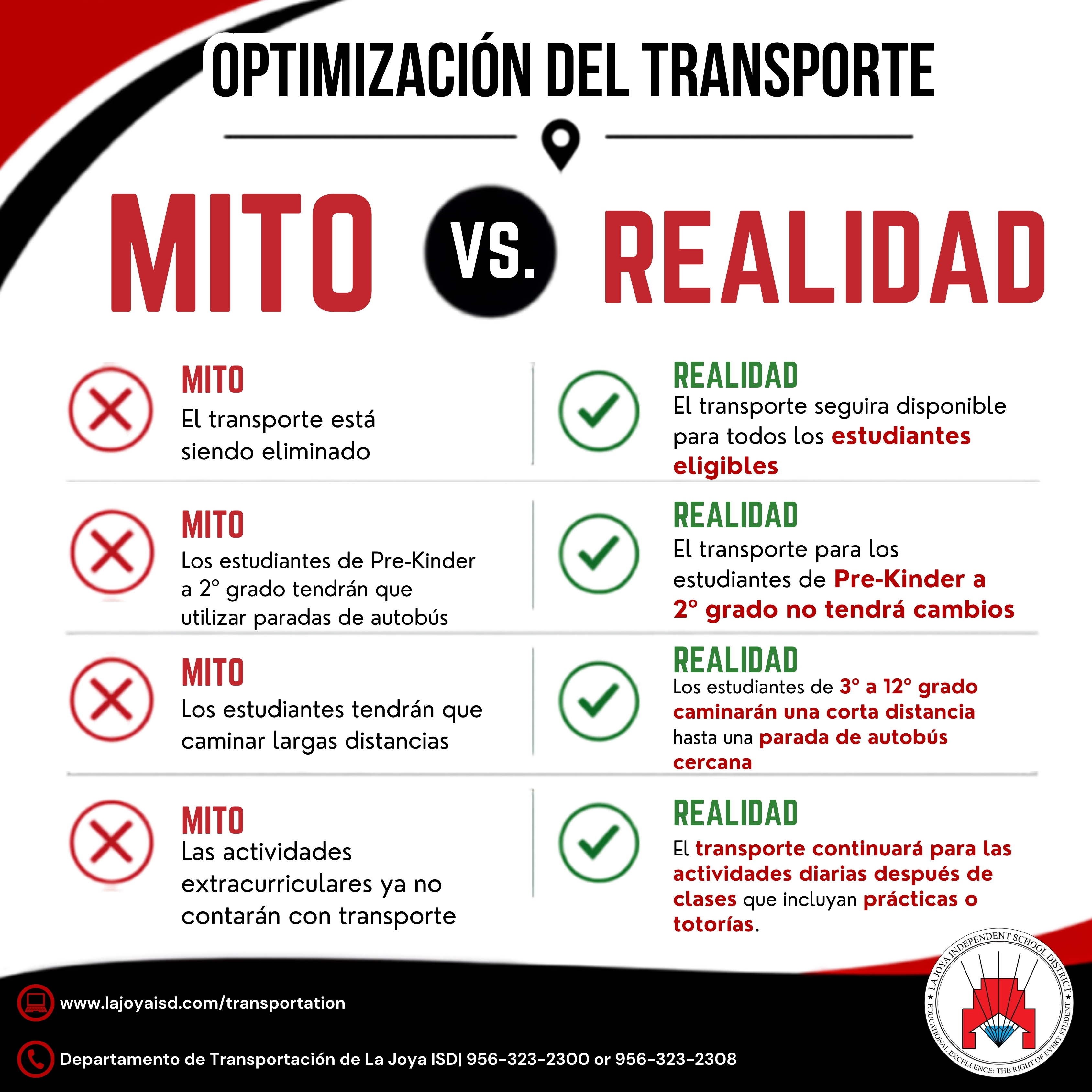 Infographic titled 'OPTIMIZACIÓN DEL TRANSPORTE' comparing 'MITO' (Myth) with 'REALIDAD' (Reality) regarding school transportation.