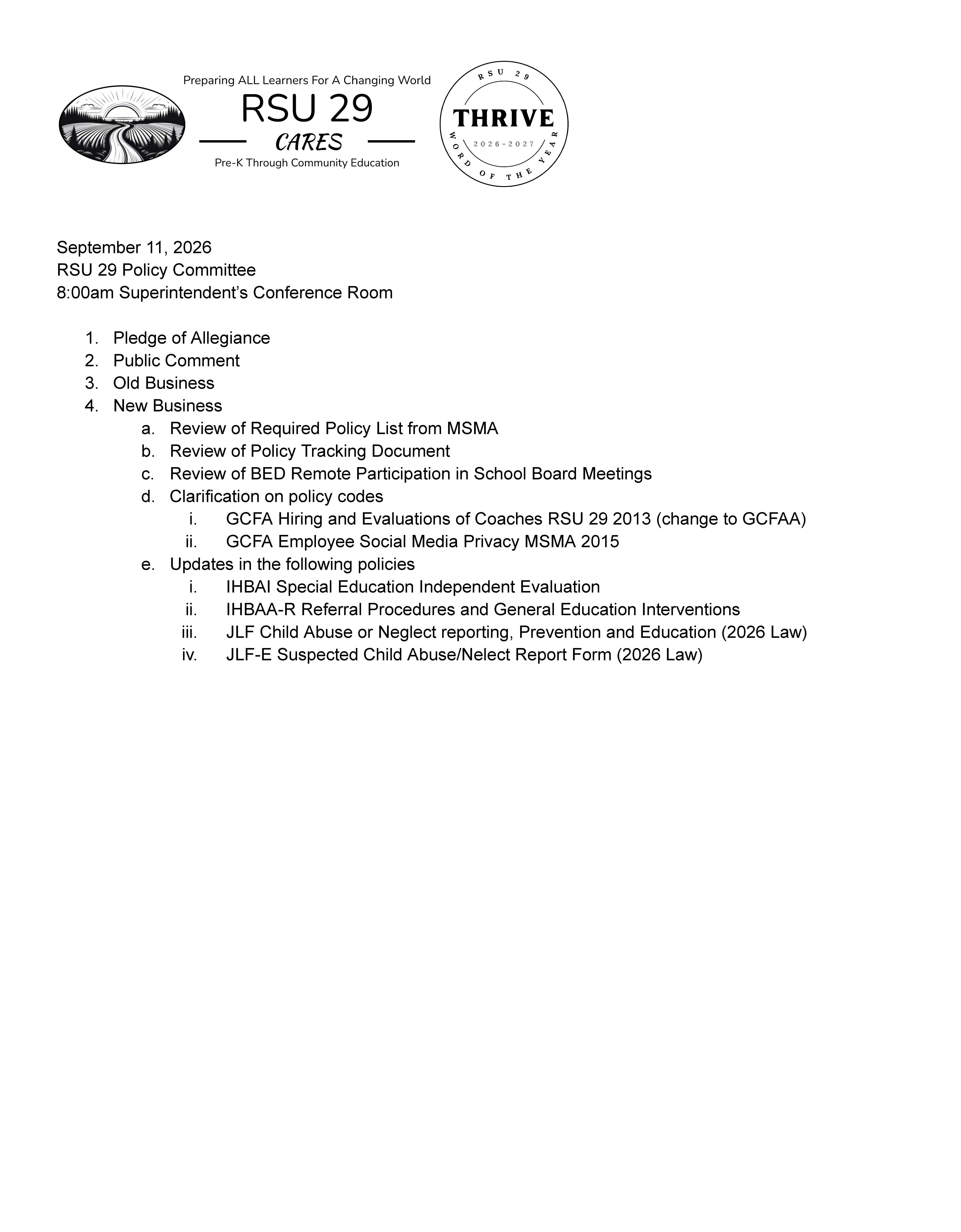Policy Committee Meeting for Friday, September 11, 2026
