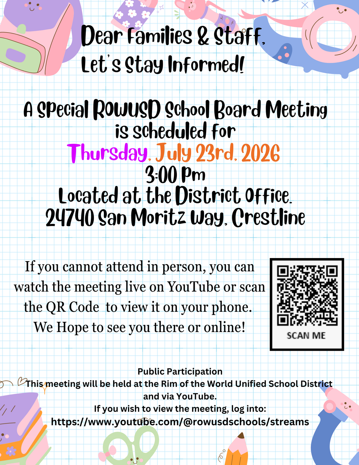 A Special School Board Meeting: July 23rd, 2026