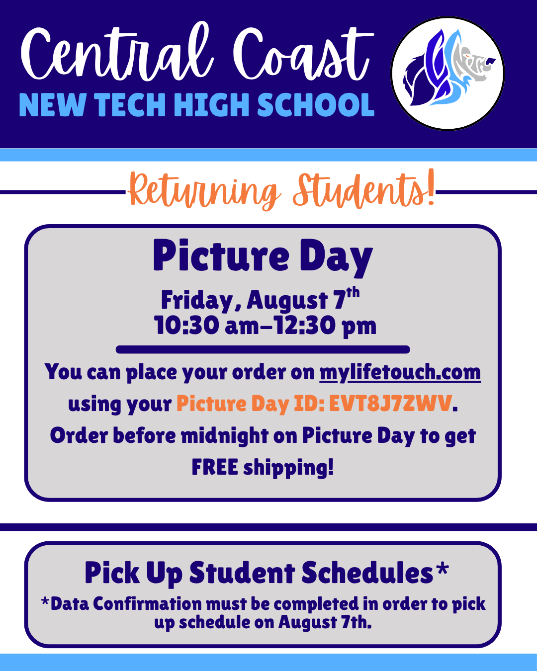 Returning Students: Picture Day August 7th