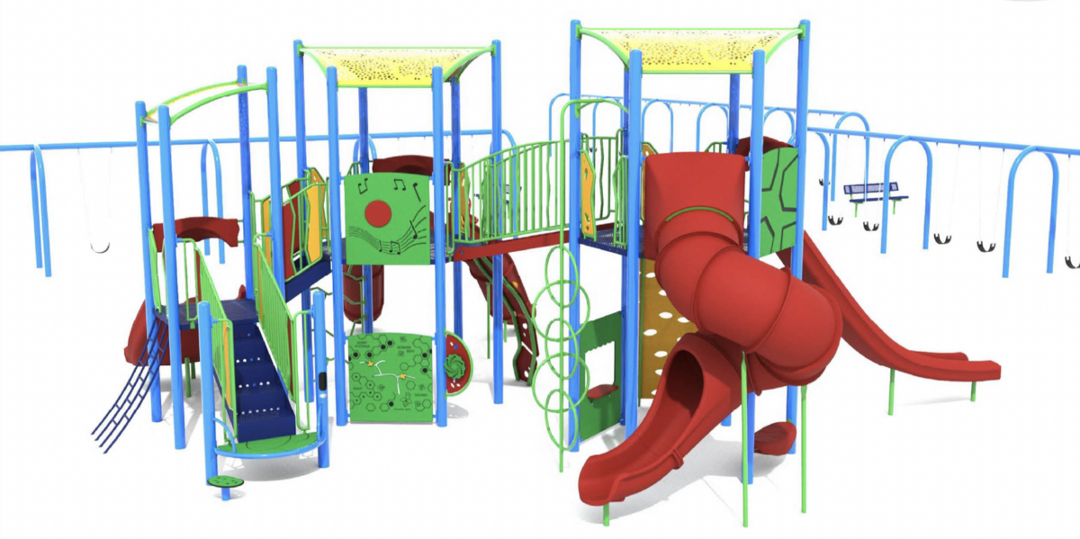 A vibrant, multi-level playground structure with red slides, blue poles, and green accents.