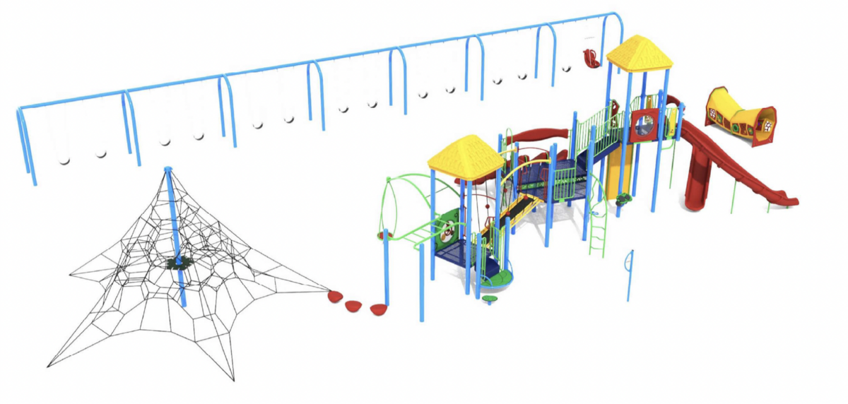 A colorful playground features swings, slides, a climbing net, and a tunnel.