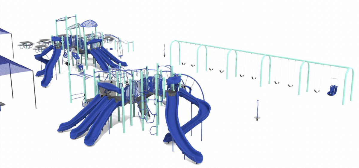 A vibrant blue and teal playground features multiple slides, climbing structures, and a long swing set.