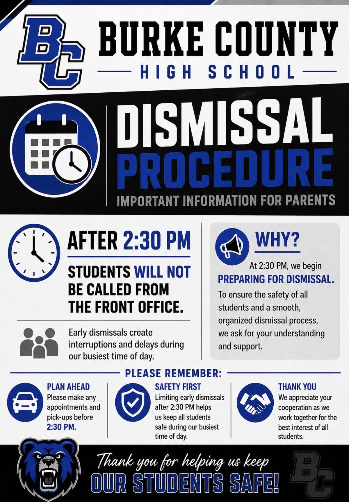 Burke County High School dismissal procedure information for parents, detailing rules after 2:30 PM.