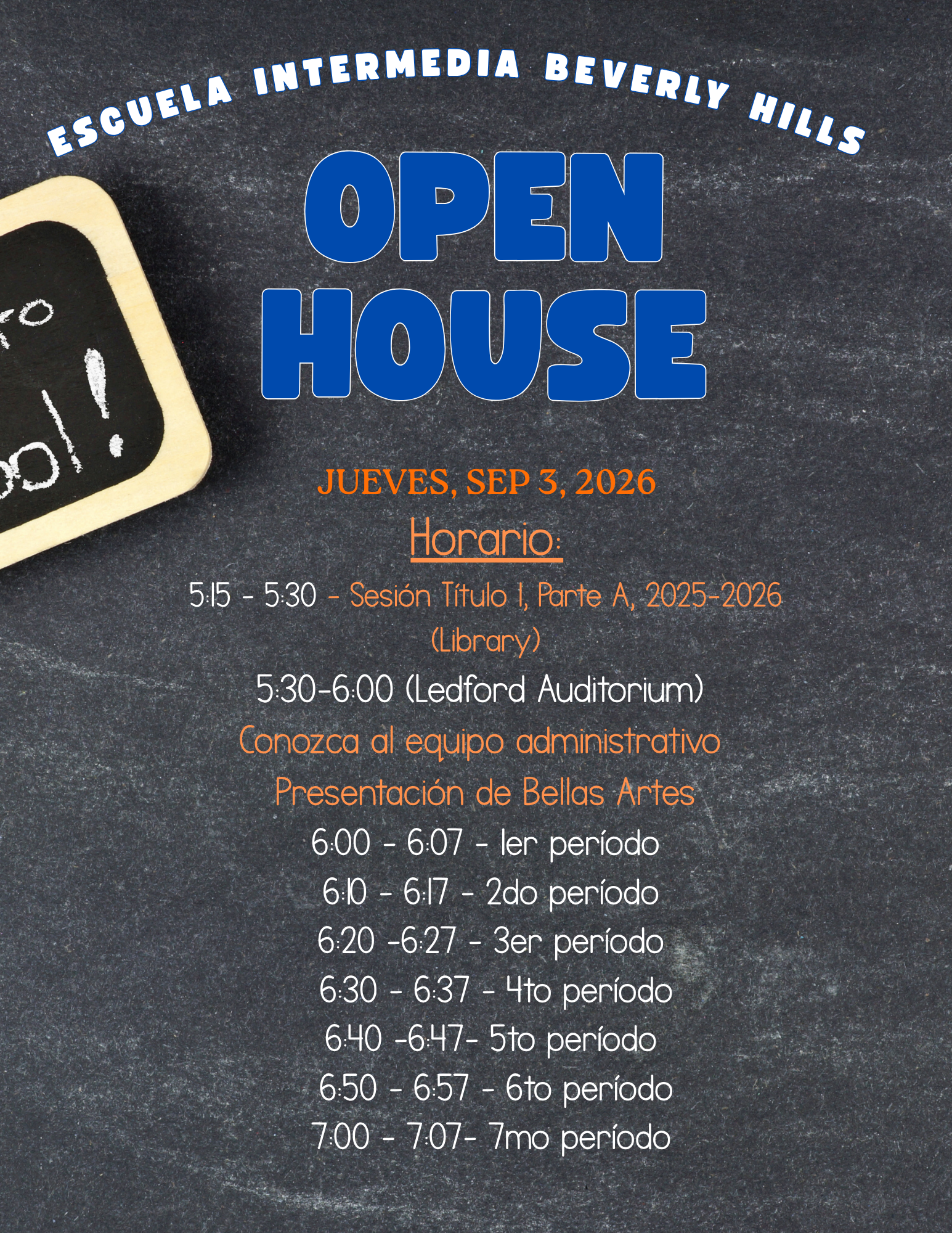 Beverly Hills Intermediate School Open House event details for Thursday, September 3, 2026.