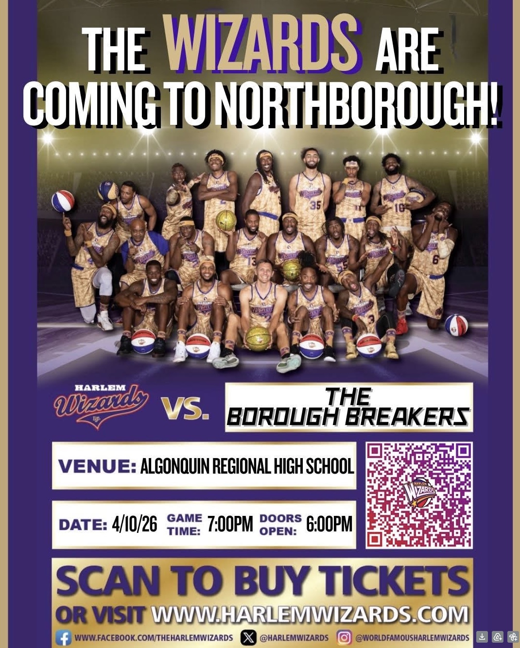 Poster announcing the Harlem Wizards are coming to Northborough to play the Borough Breakers at Algonquin Regional High School on 4/10/26.