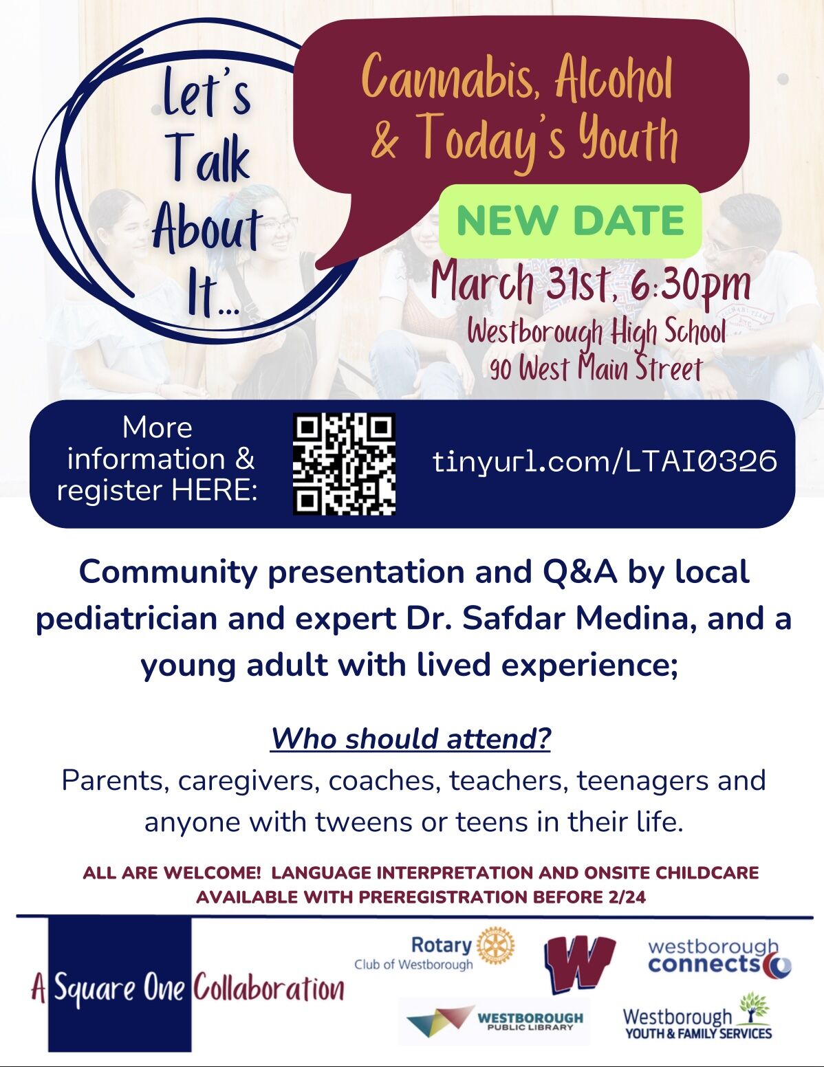 Poster for a community presentation titled 'Let's Talk About It... Cannabis, Alcohol & Today's Youth' on March 31st at Westborough High School.