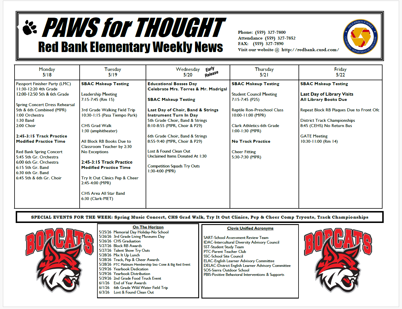 Weekly Calendar May 18 thru 22 20266