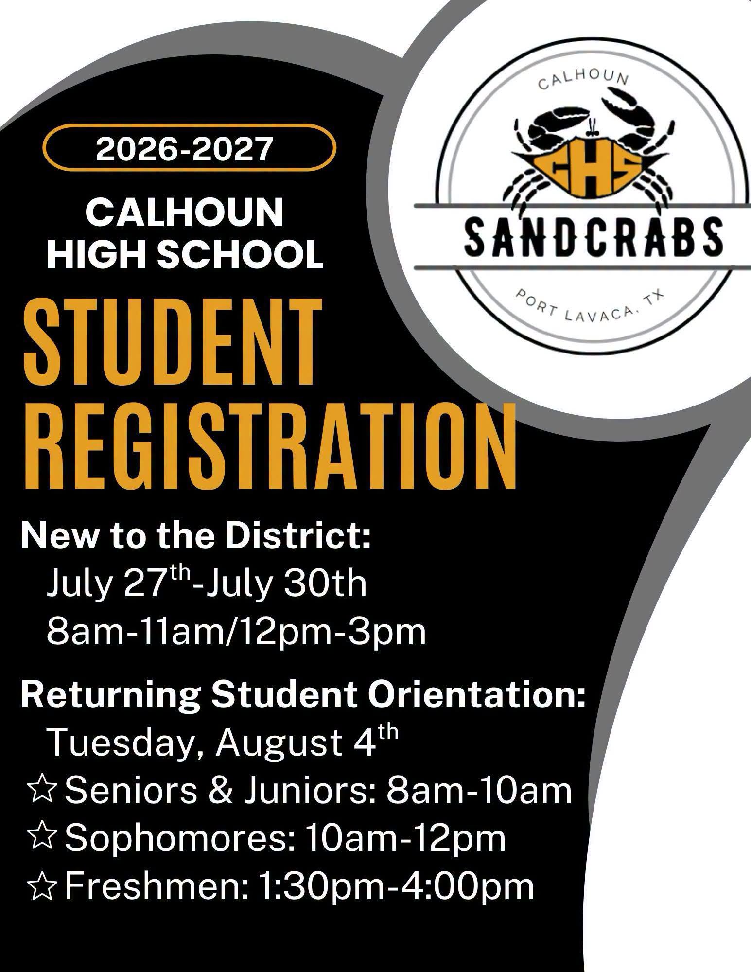 Calhoun High School student registration for 2026-2027, with dates and times for new and returning students.