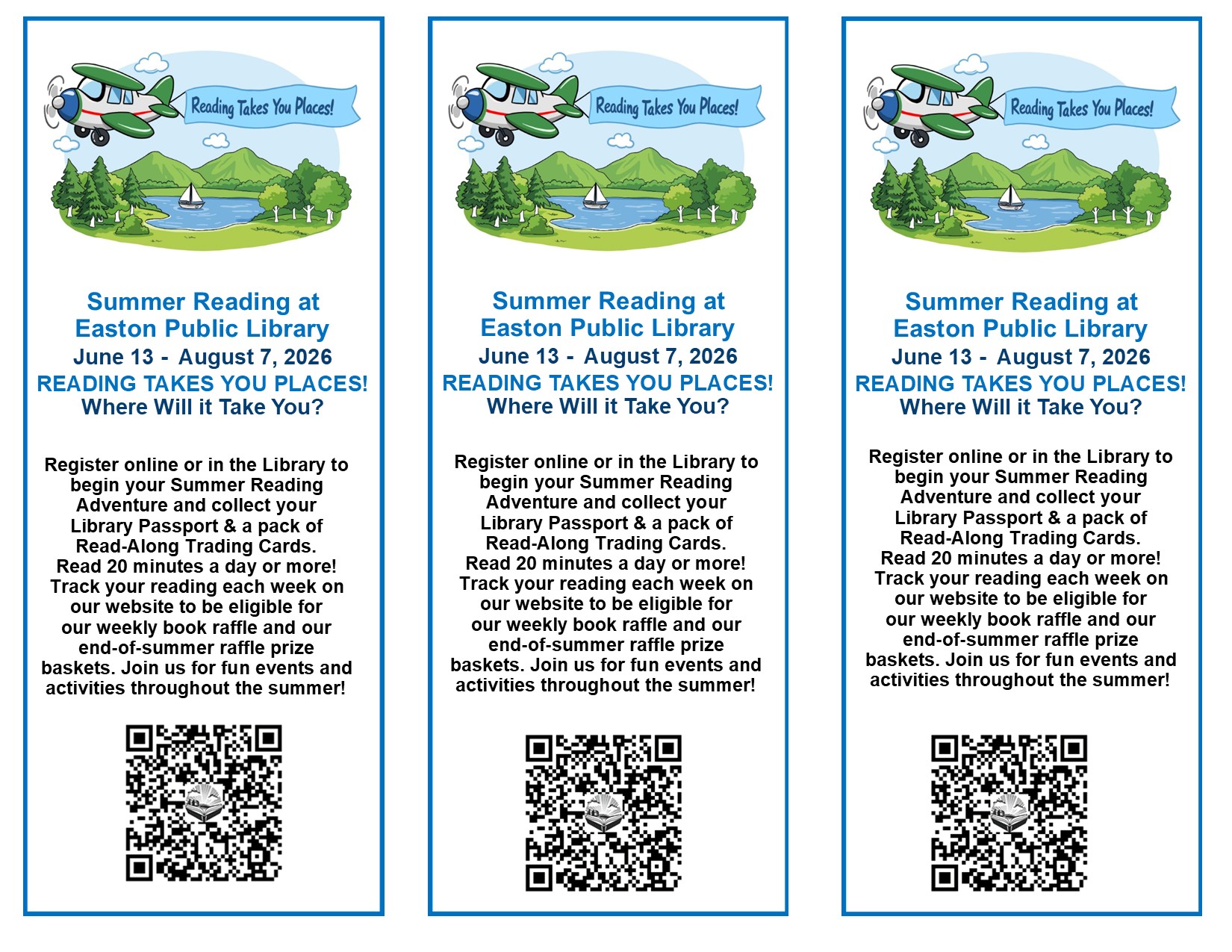 Three identical flyers announce 'Summer Reading at Easton Public Library' with dates and a slogan 'Reading Takes You Places!'.