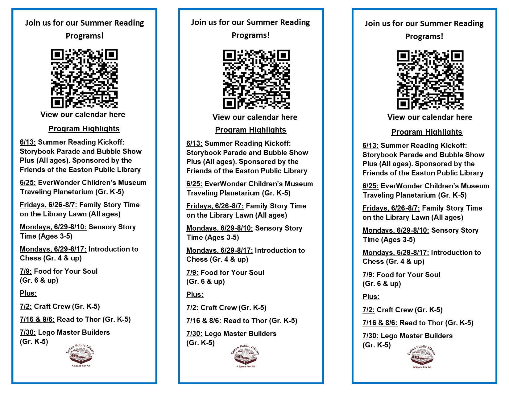 Three identical flyers announce Summer Reading Programs with QR codes and program highlights.