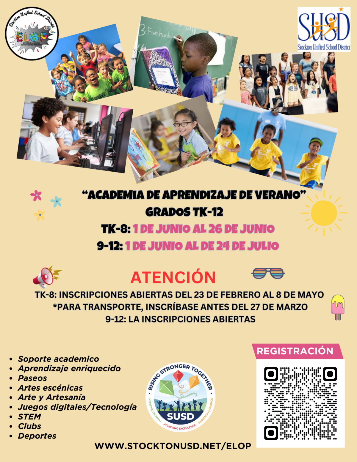 Collage of children participating in various summer learning activities, including art, computer use, and outdoor play, with program dates and registration information.