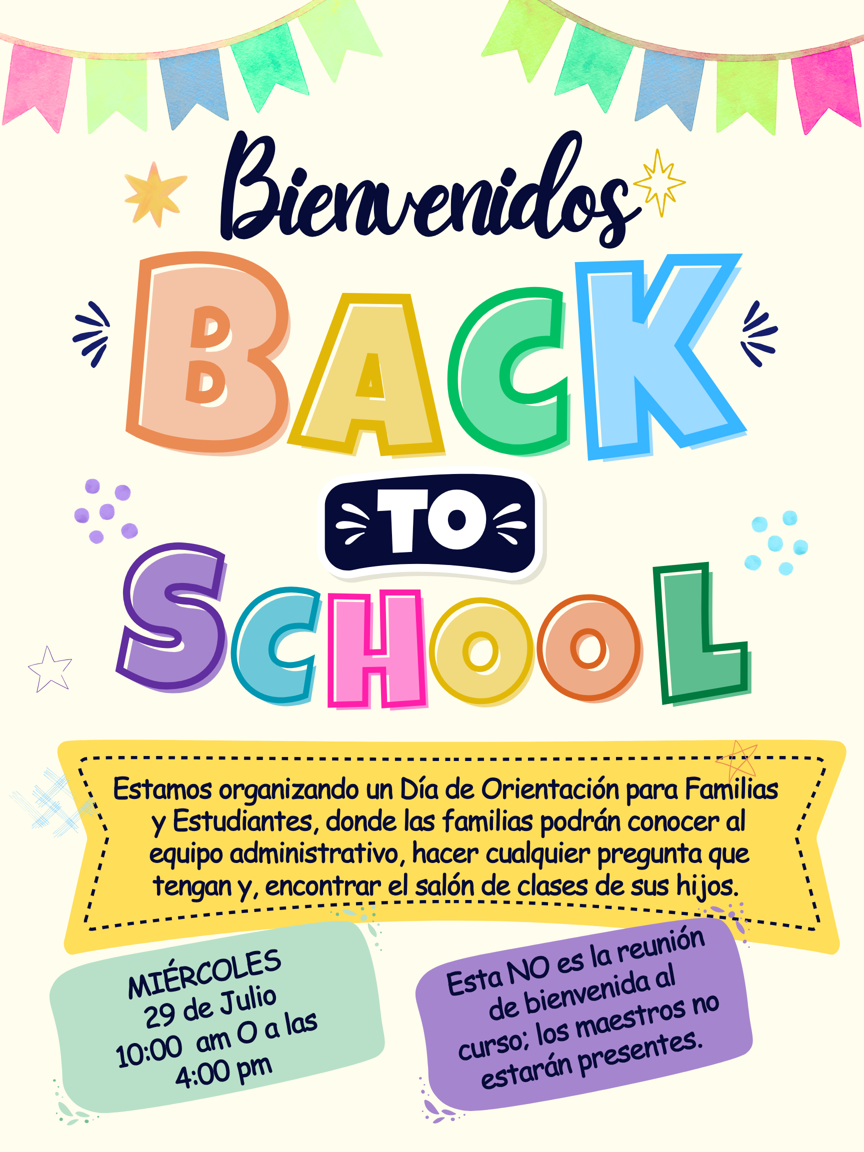 A colorful "Bienvenidos Back to School" graphic with event details.