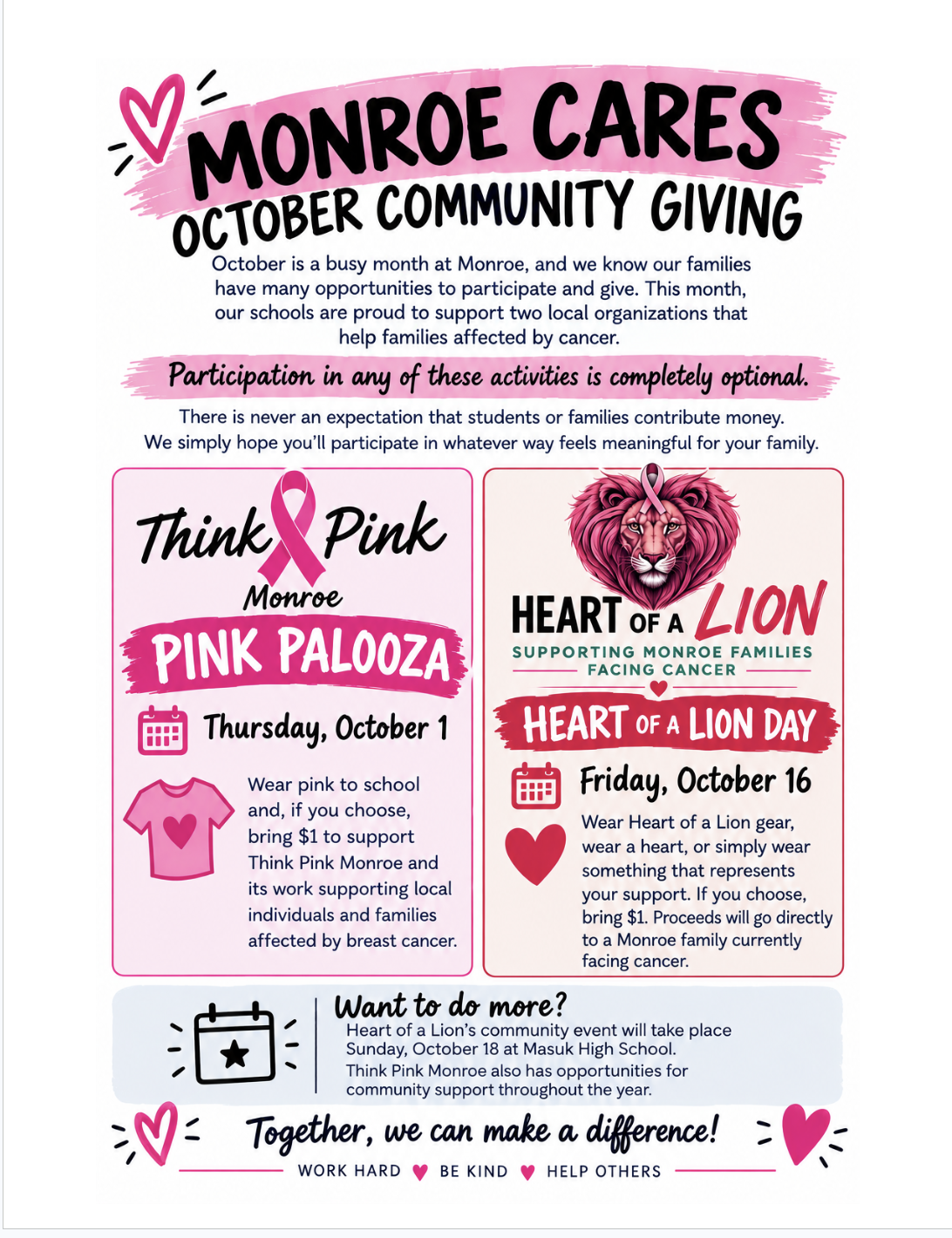 A flyer titled 'Monroe Cares October Community Giving' details two events: 'Pink Palooza' on Oct 1 and 'Heart of a Lion Day' on Oct 16.