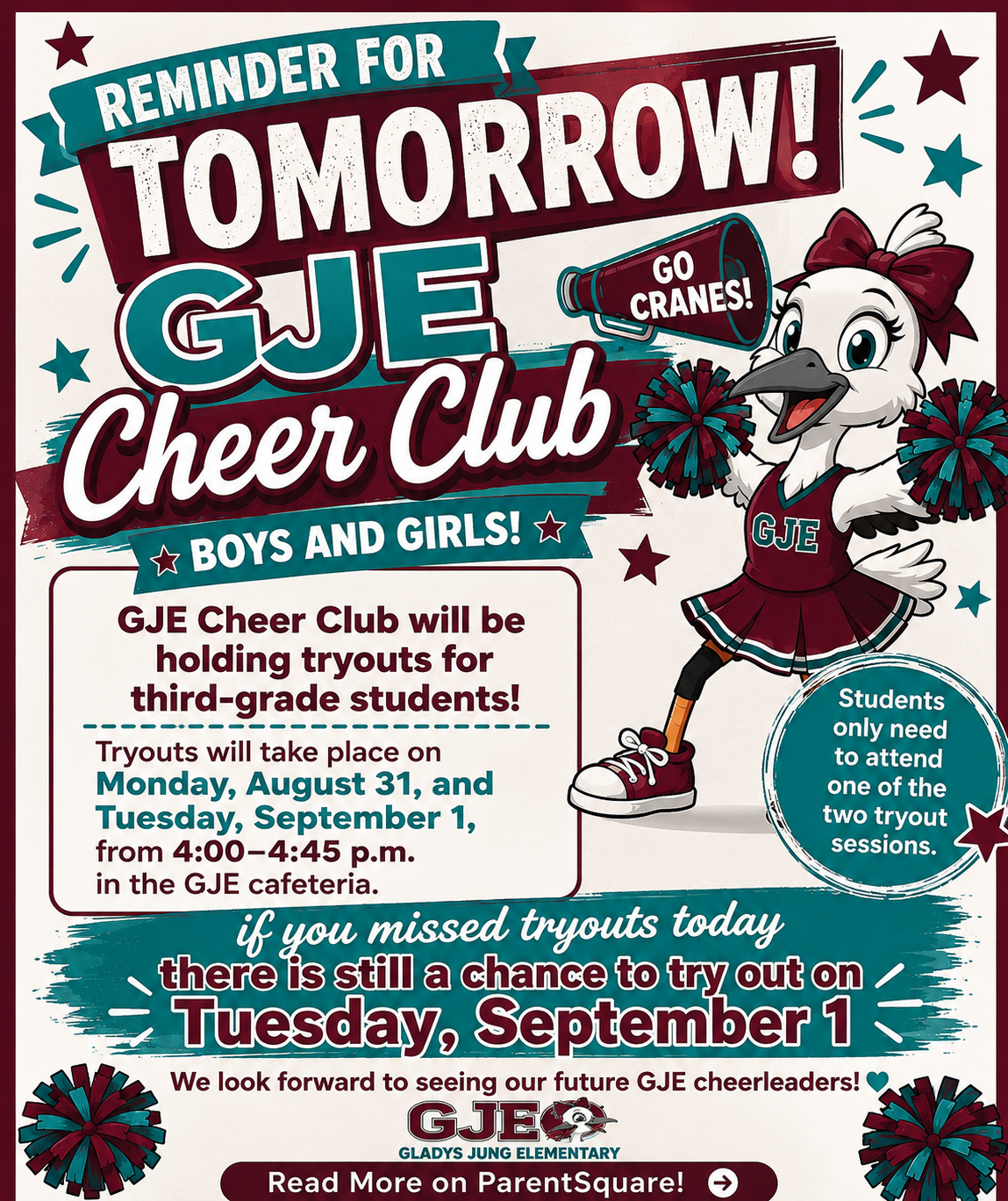 REMINDER: GJE CHEER CLUB TRYOUTS TOMORROW!