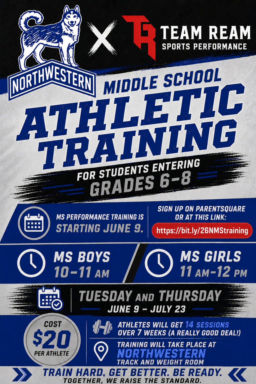 Summer 2026 Middle School Athletic Training for ALL rising 6th, 7th, & 8th Graders