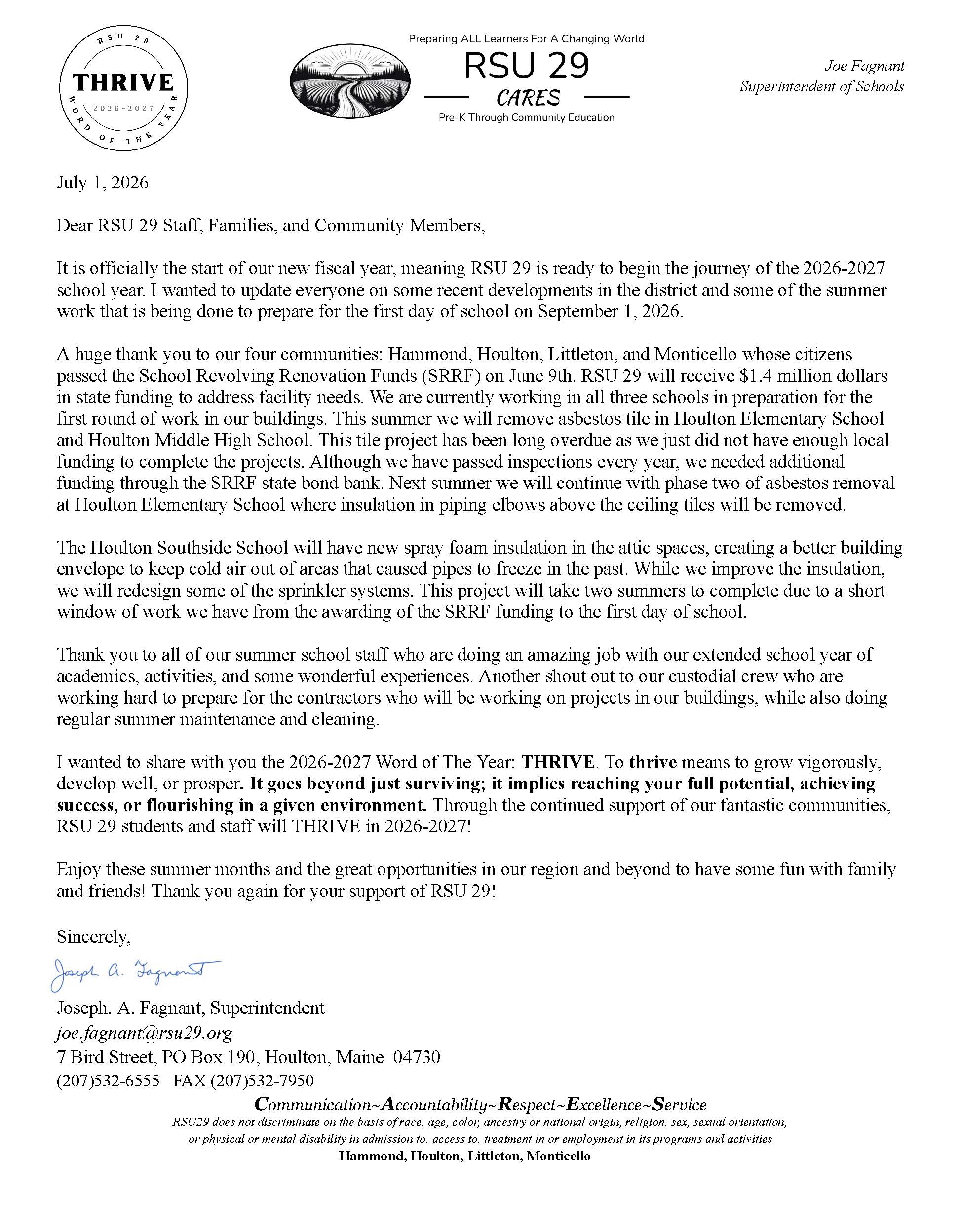 Dear RSU 29 Staff, Families, and Community Members,