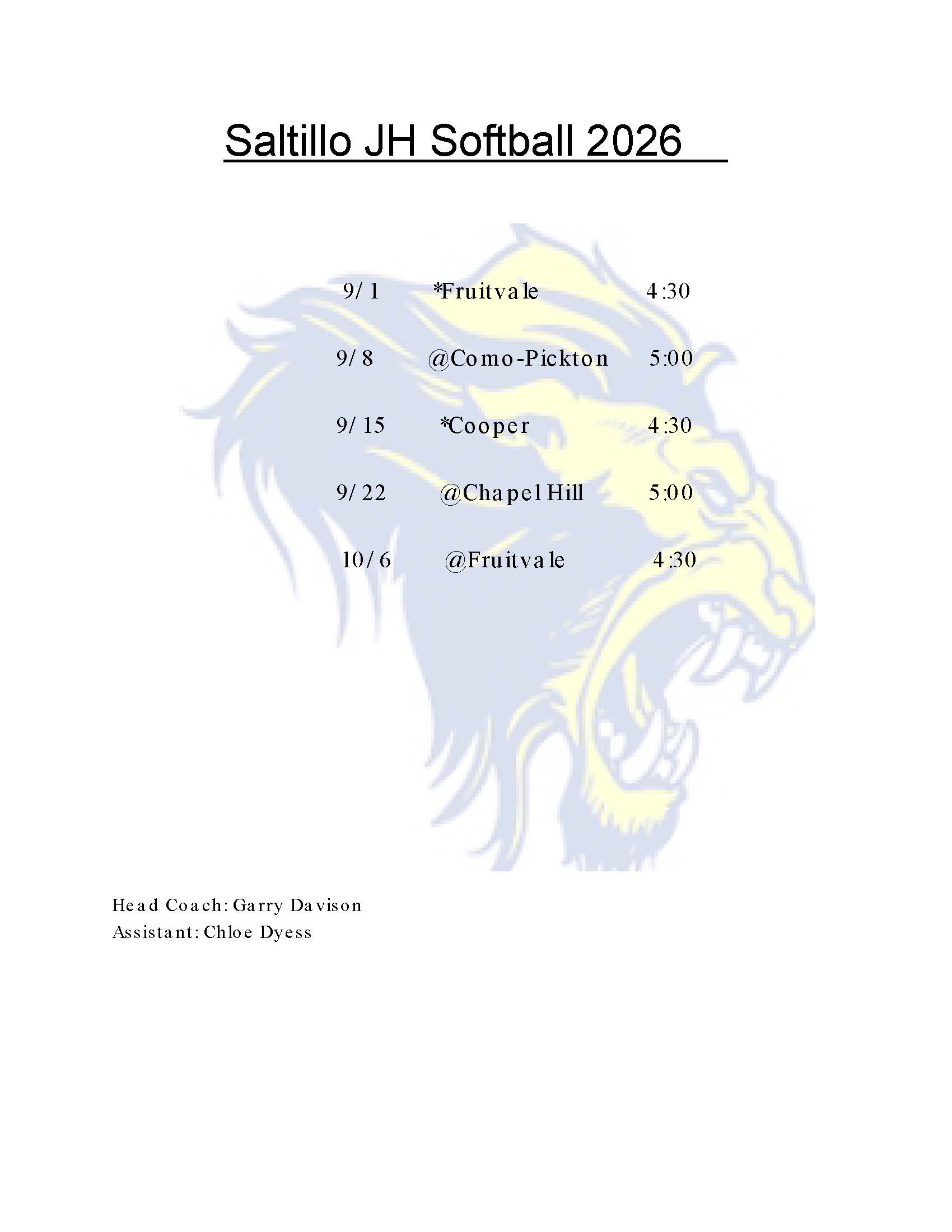 JH Softball Schedule